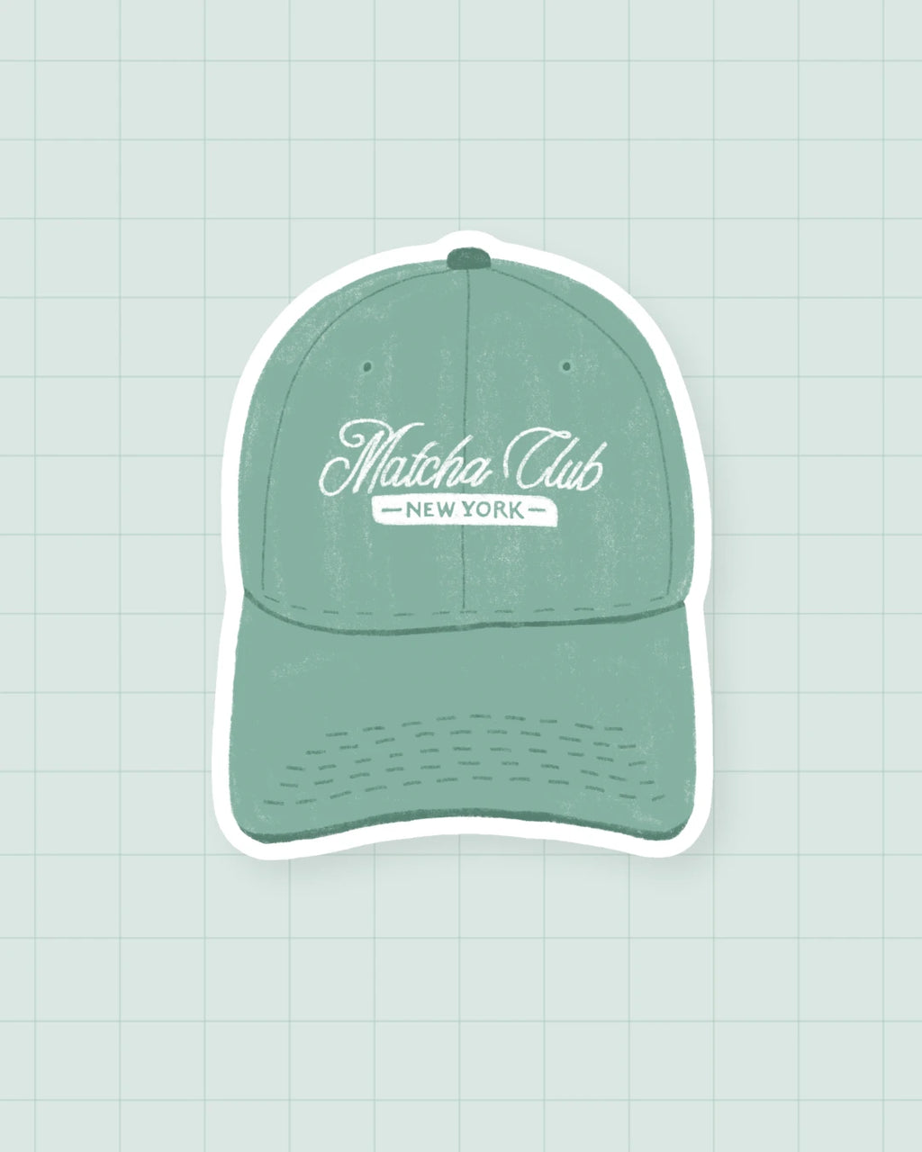Sticker Matcha Club : casquette verte illustrée, 3,5 × 4,5 cm, finition brillante