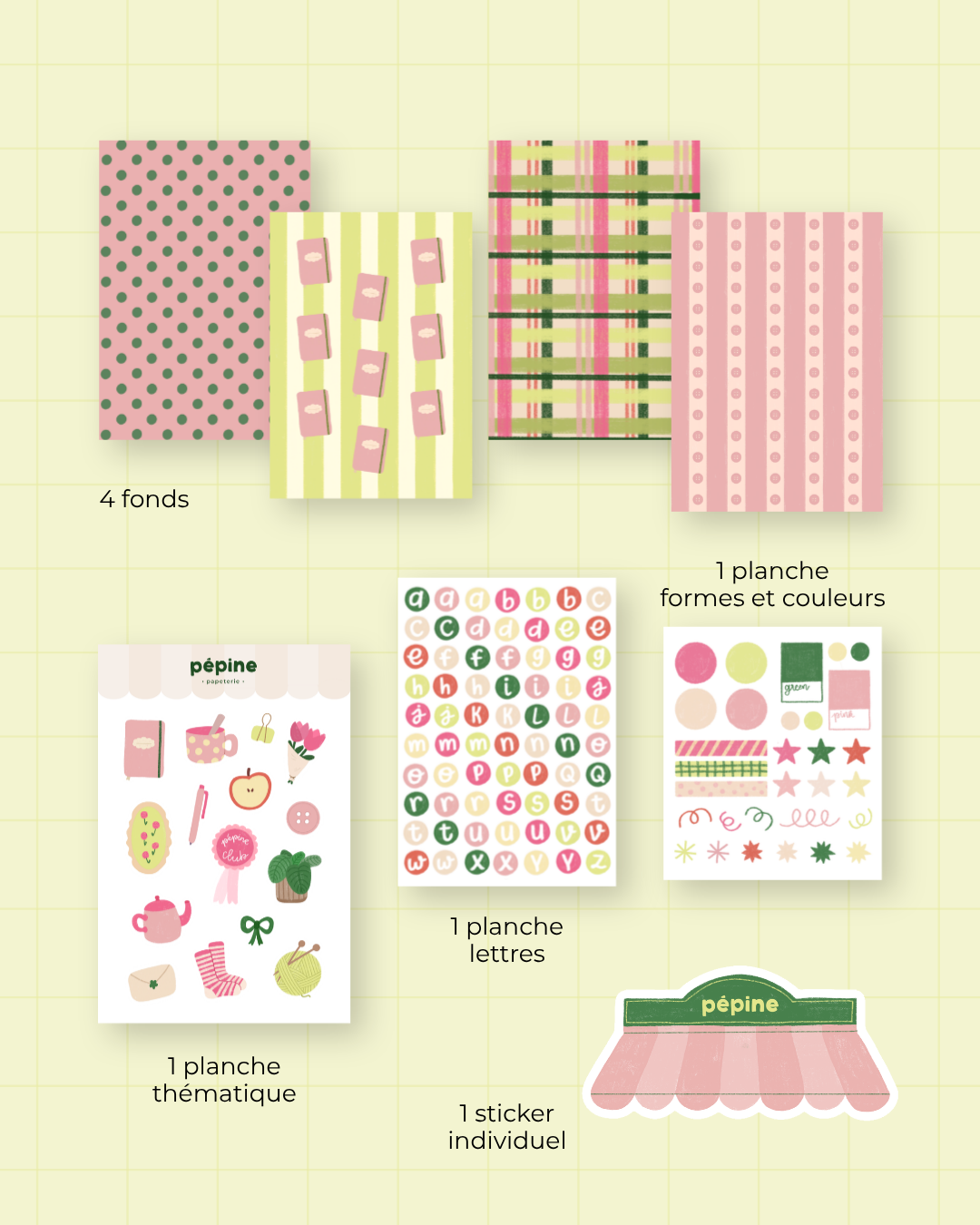 Détail des stickers et des fonds papier du Kit Pépine