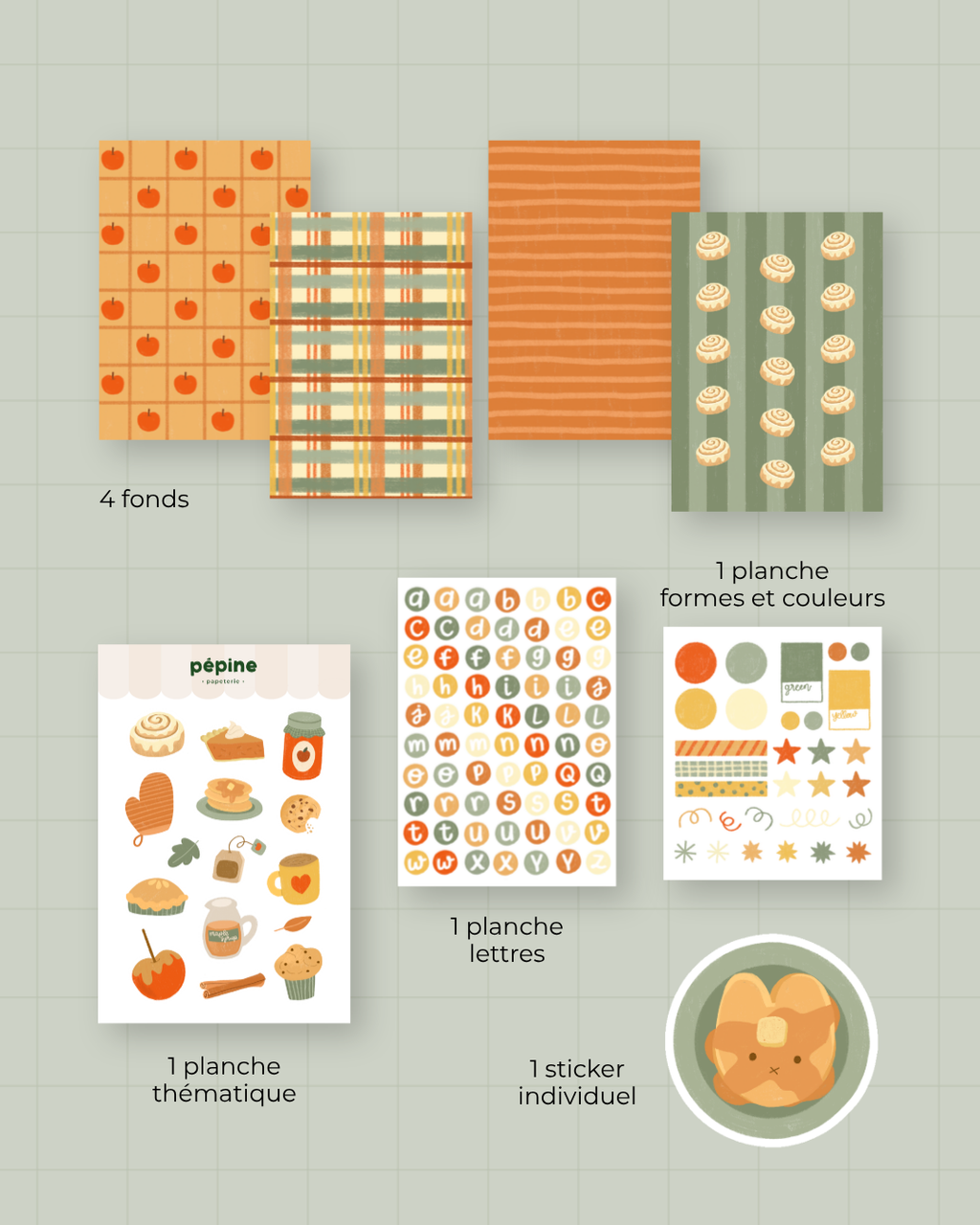 Détail des stickers et des fonds papier du kit Automne gourmand