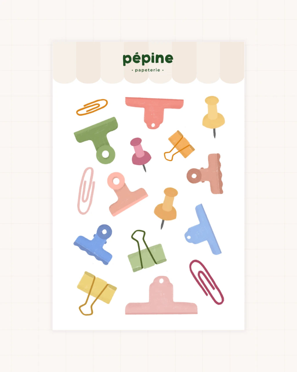 Planche de stickers Pinces & attaches : trombones, pinces et punaises colorées, format 17 × 11 cm