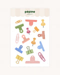 Planche de stickers Pinces & attaches : trombones, pinces et punaises colorées, format 17 × 11 cm