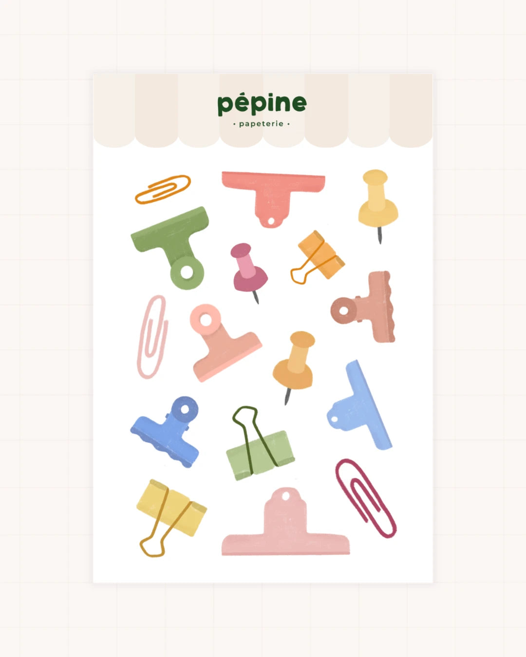 Planche de stickers Pinces & attaches : trombones, pinces et punaises colorées, format 17 × 11 cm