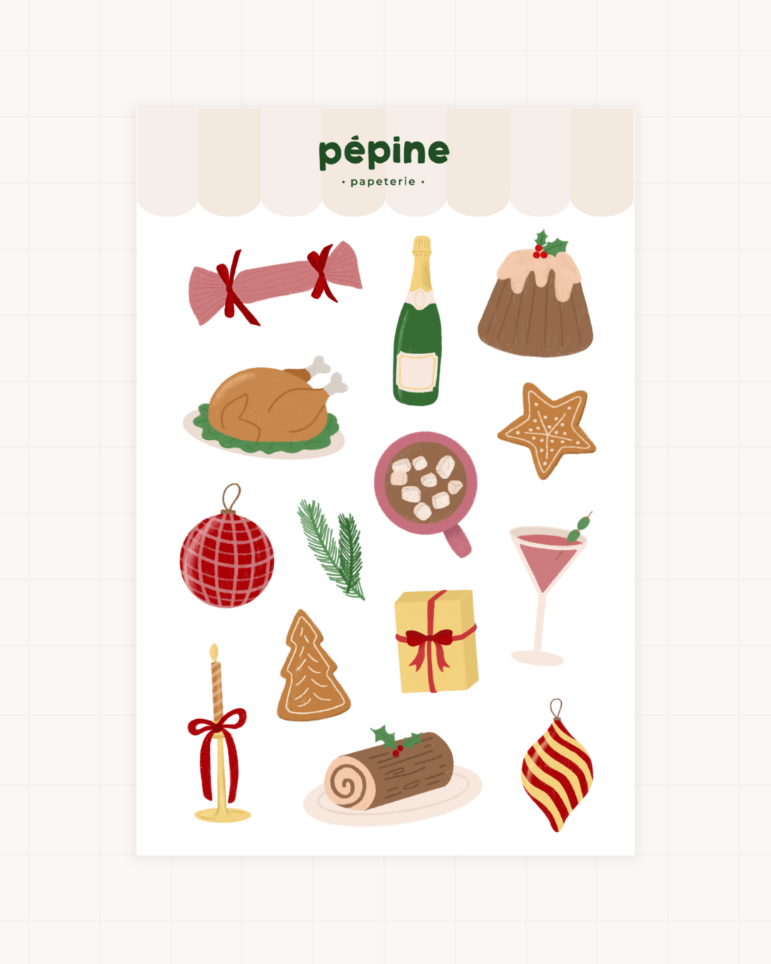 Planche de stickers Dîner de Noël : dinde, bûche, champagne, boule de Noël et cadeau, format 17 × 11 cm