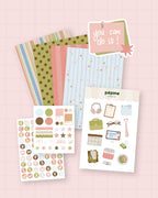 Kit de scrapbooking Work Addict : les trois planches de stickers et les quatre fonds papier