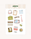 Planche de stickers Work Addict : café, to-do lists et fournitures de bureau, format 17 × 11 cm
