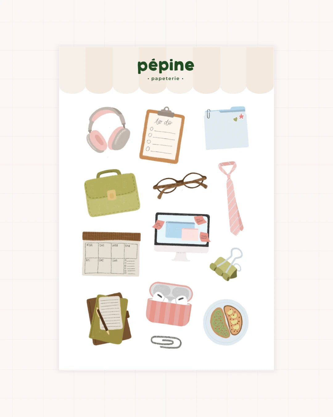 Planche de stickers Work Addict : café, to-do lists et fournitures de bureau, format 17 × 11 cm
