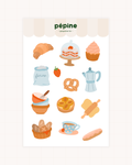 Planche de stickers La boulangerie : croissant, baguette, pâtisseries et cafetière illustrés, format 17 × 11 cm
