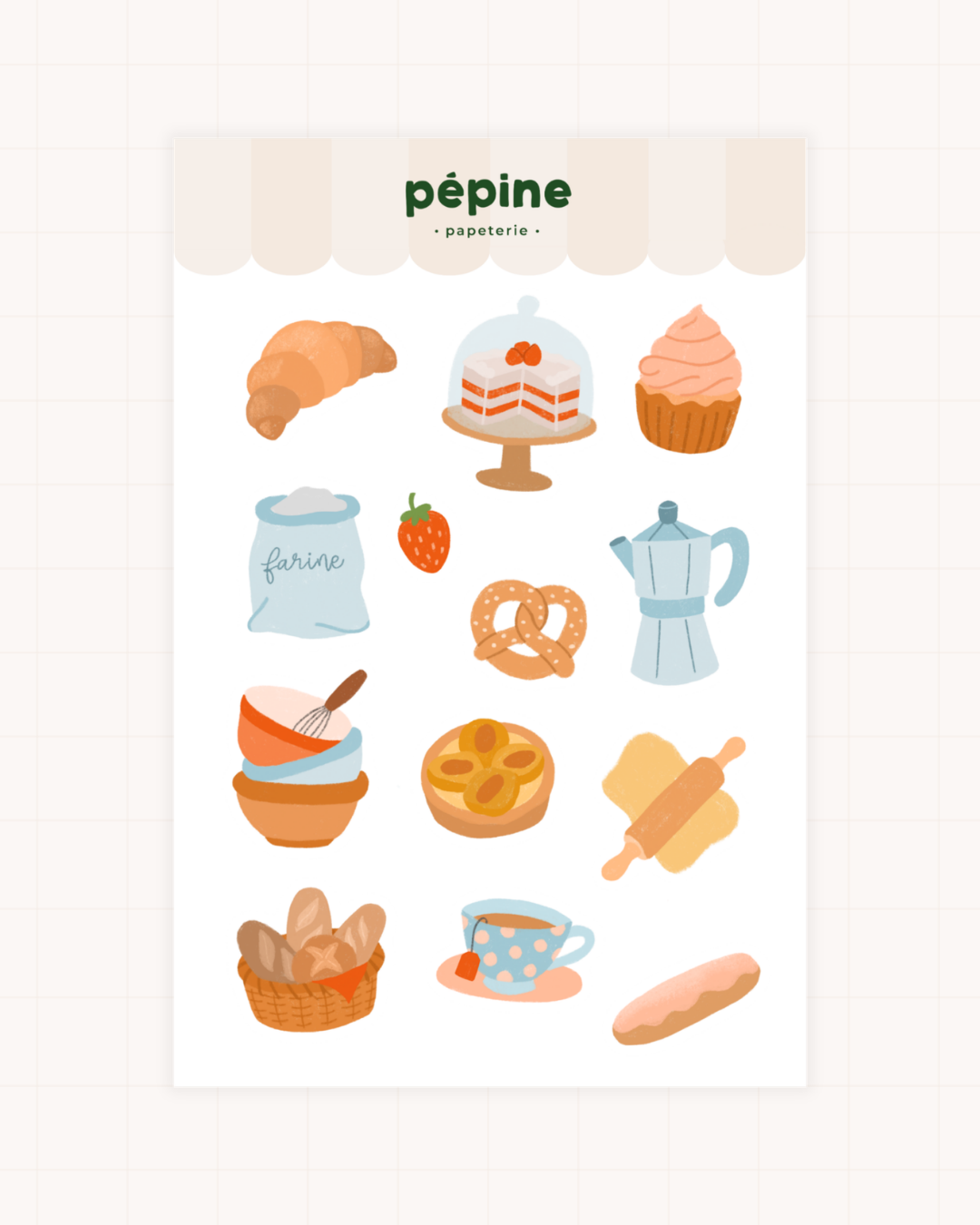 Planche de stickers La boulangerie : croissant, baguette, pâtisseries et cafetière illustrés, format 17 × 11 cm