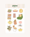 Planche de stickers Décoration d'intérieur : fauteuil, vaisselle, lampe, plante et petits meubles chinés, format 17 × 11 cm