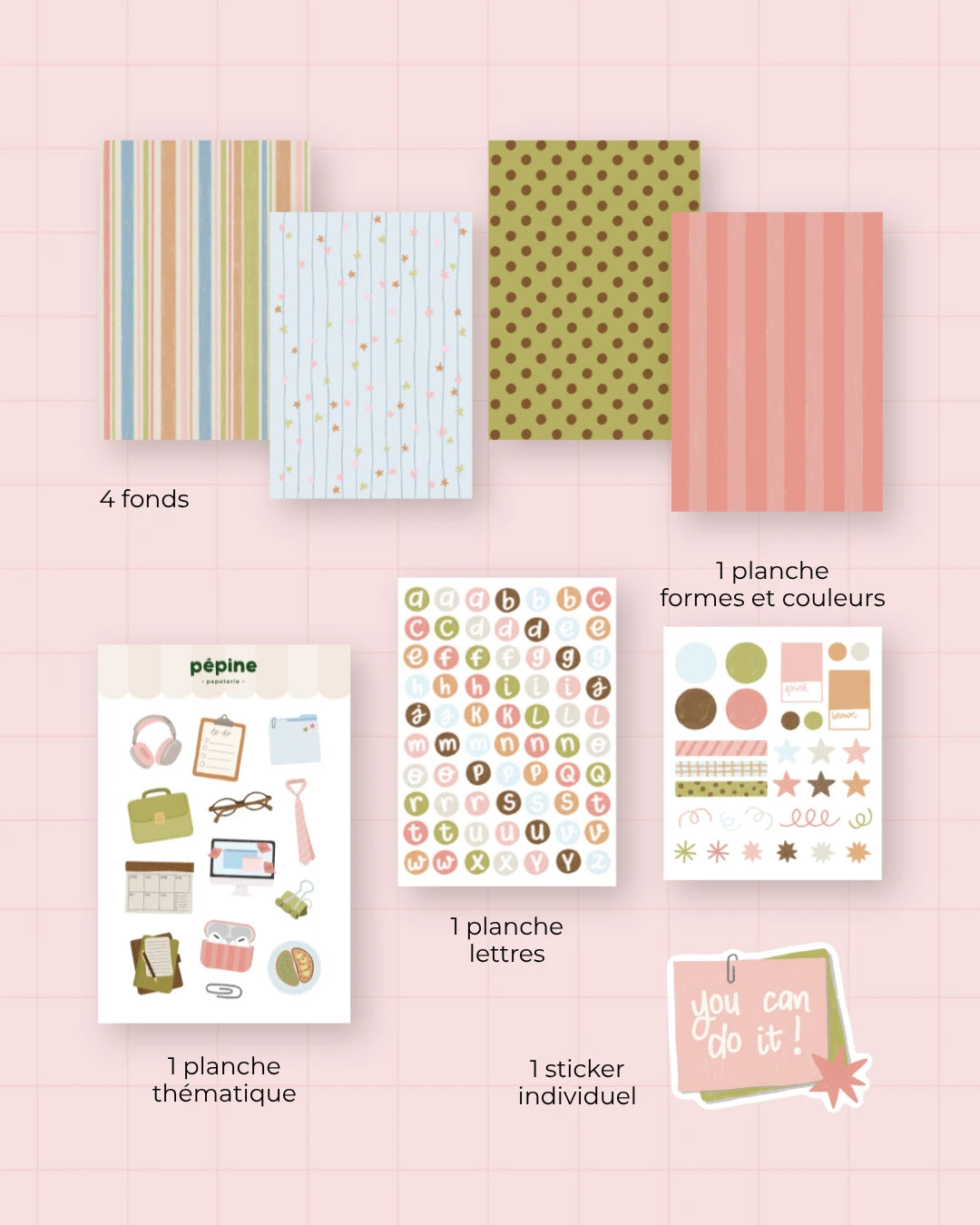 Détail des stickers et des fonds papier du kit Work Addict
