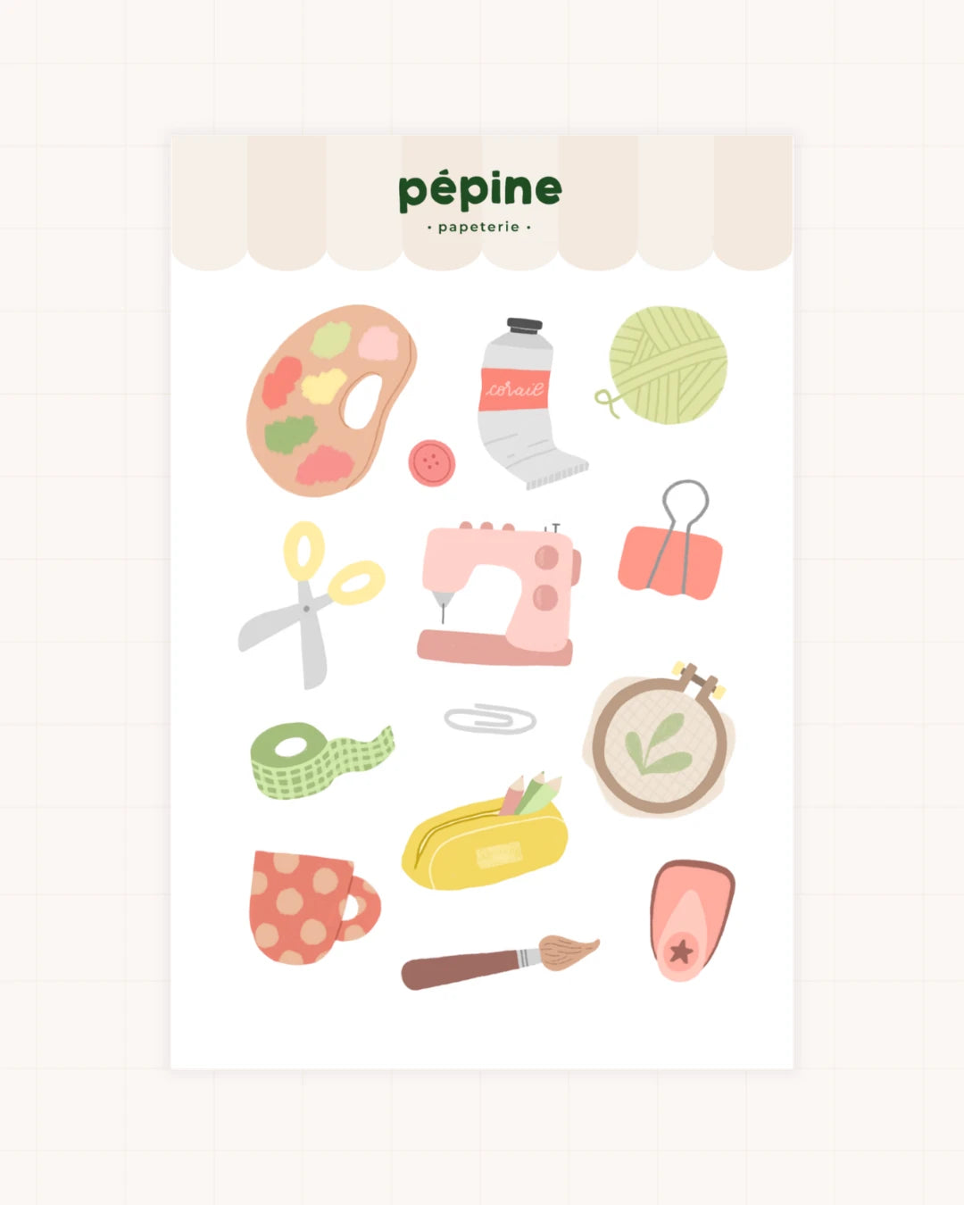 Planche de stickers Activités créatives : pinceaux, ciseaux et fournitures illustrés, format 17 × 11 cm