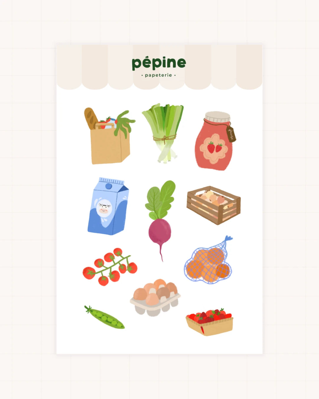 Planche de stickers Balade au marché : paniers, fruits et fleurs, format 17 × 11 cm