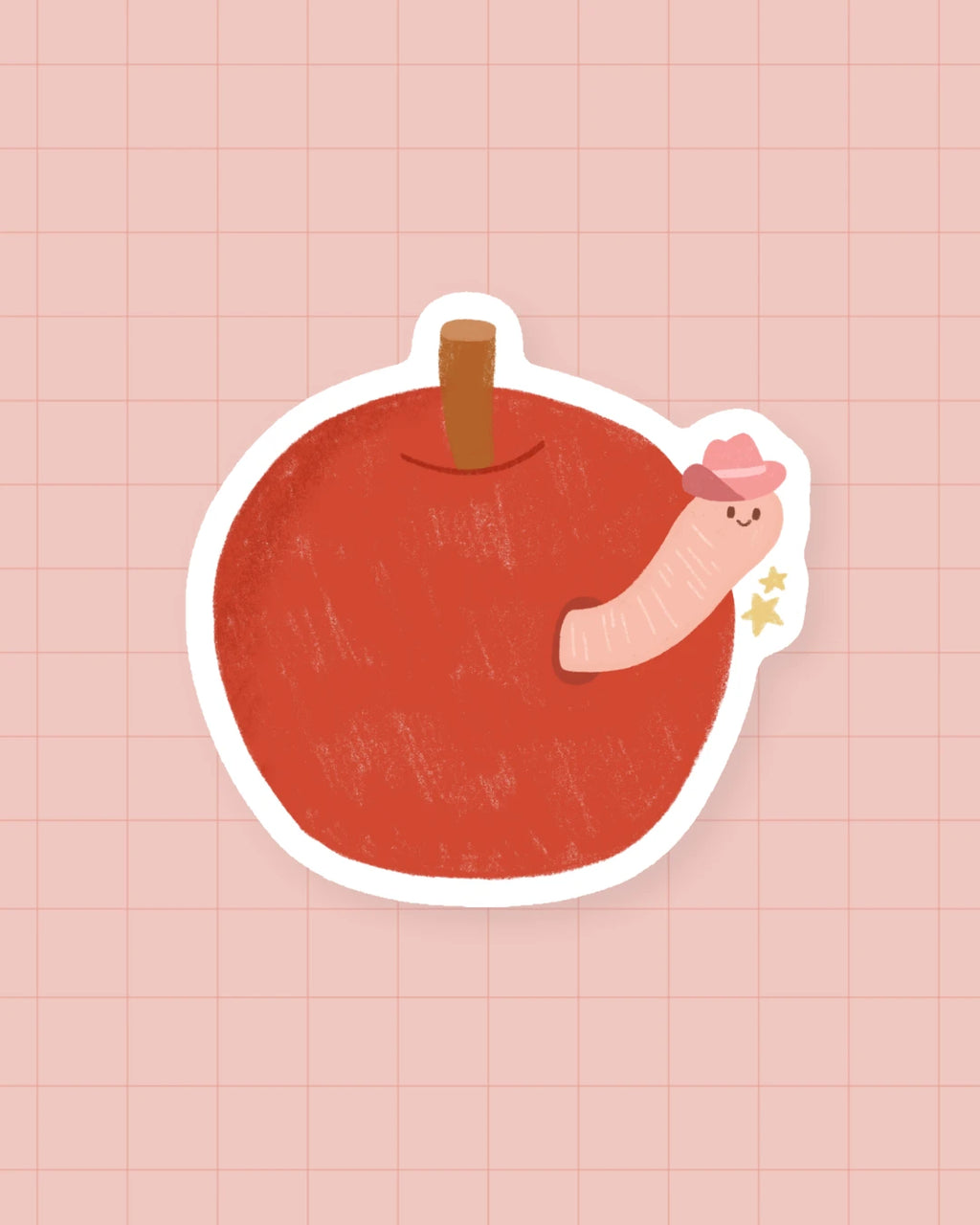 Sticker Pomme : pomme croquante et son petit ver illustrés, finition brillante