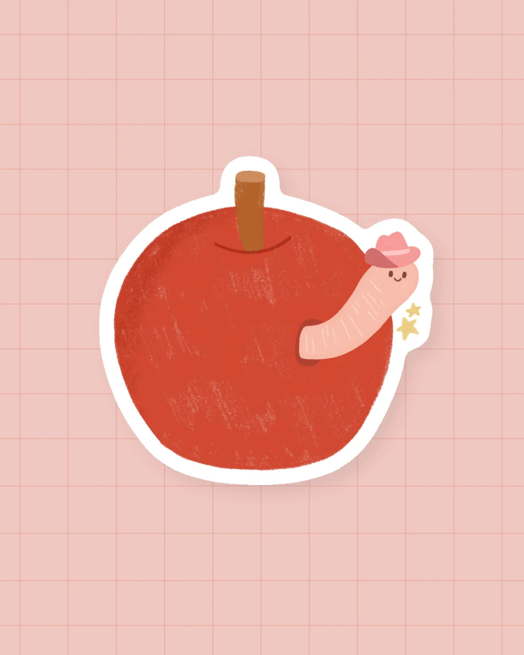 Sticker Pomme : pomme croquante et son petit ver illustrés, finition brillante