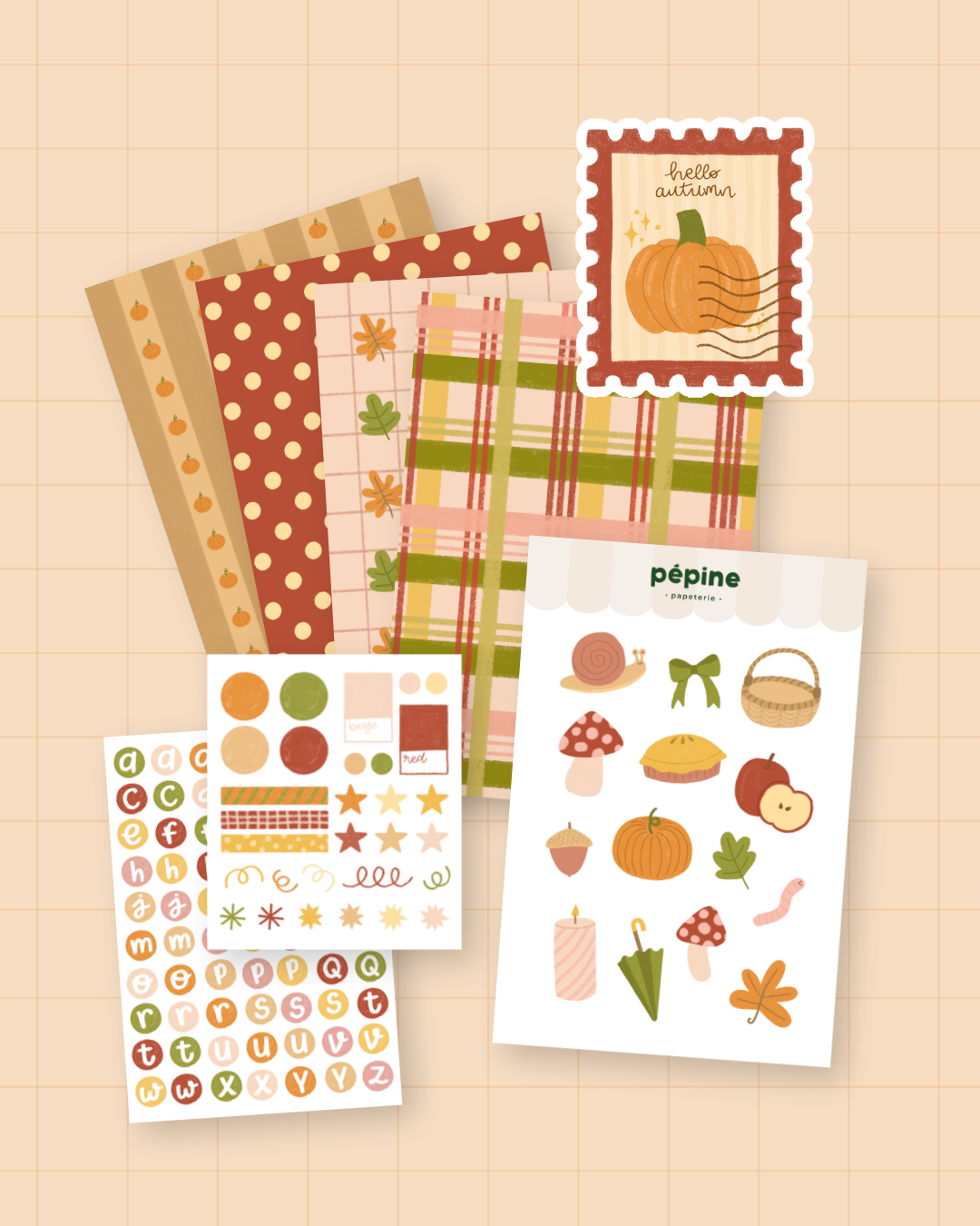 Kit de scrapbooking Ambiance d'automne : les trois planches de stickers et les quatre fonds papier