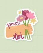 Sticker « pour toi » : petit bouquet de fleurs illustré, 4,5 × 4 cm, finition brillante