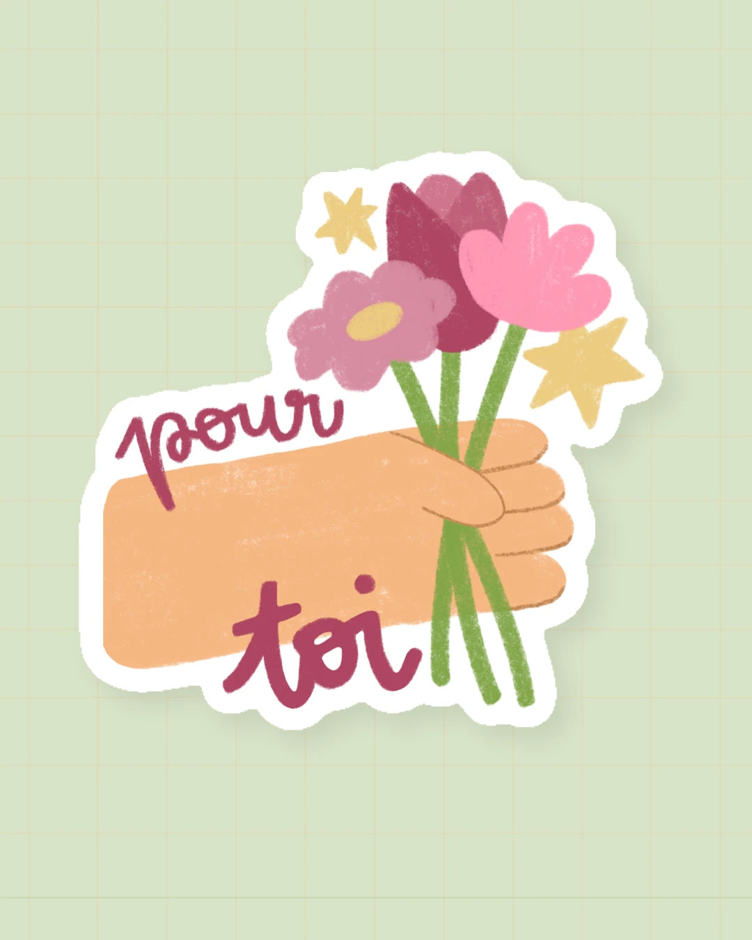 Sticker « pour toi » : petit bouquet de fleurs illustré, 4,5 × 4 cm, finition brillante