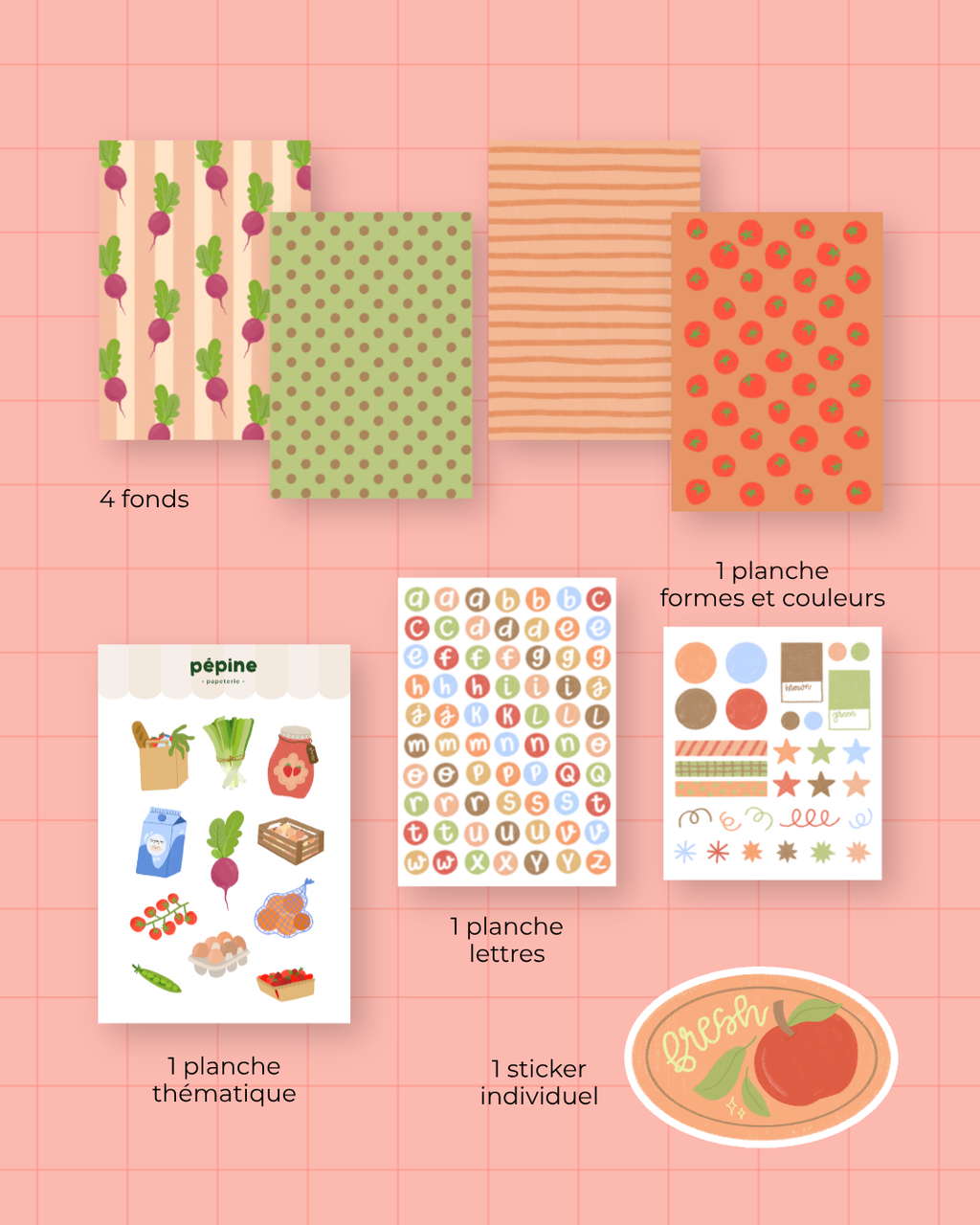 Détail des stickers et des fonds papier du kit Balade au marché