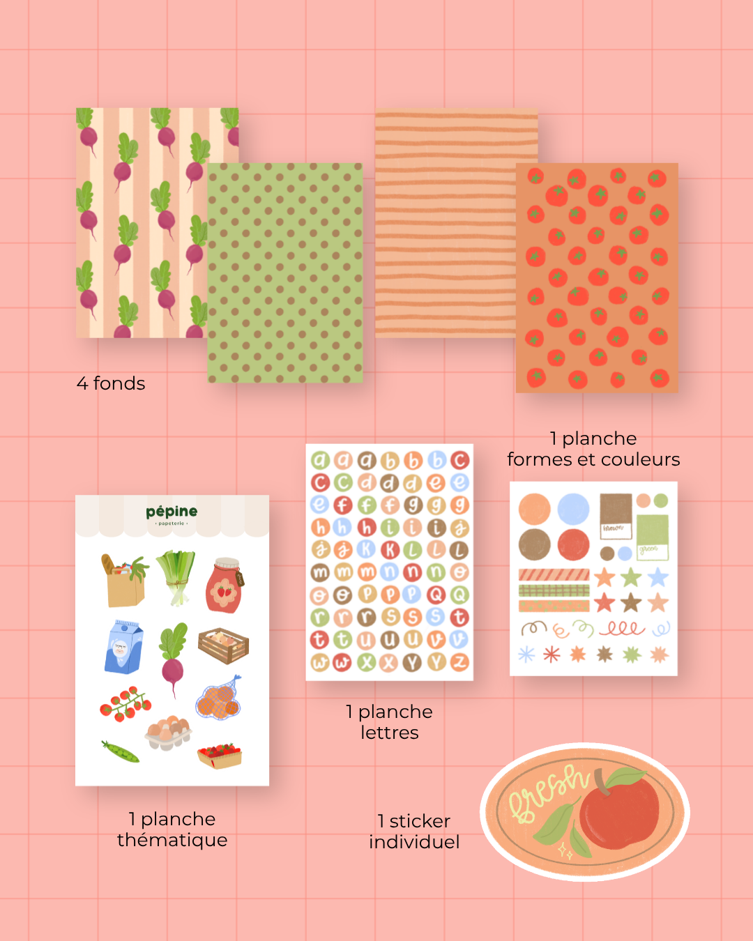 Détail des stickers et des fonds papier du kit Balade au marché