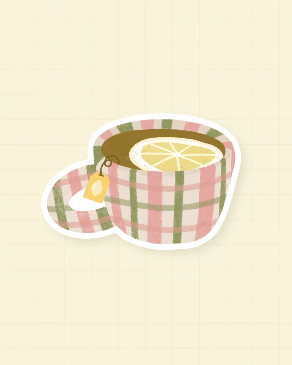 Sticker Thé au citron : tasse de thé fumante illustrée, finition brillante