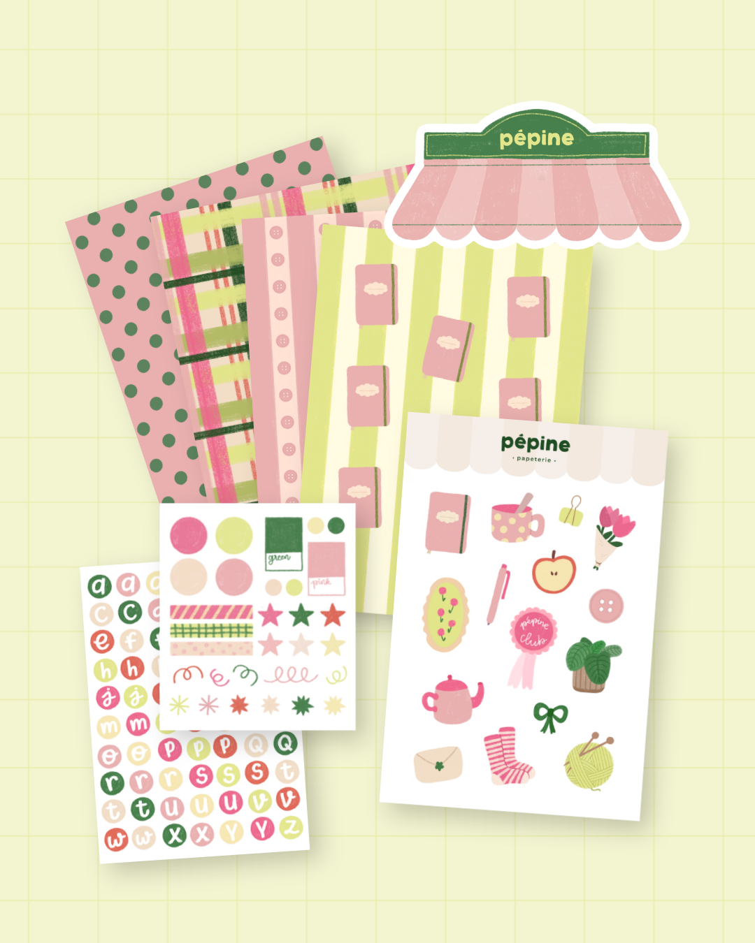Le Kit Pépine : les trois planches de stickers et les quatre fonds papier du kit de scrapbooking