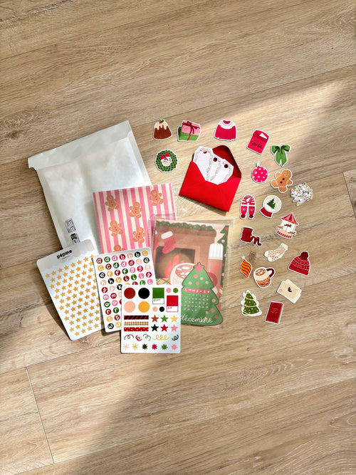 Contenu de la Box de Noël photographié sur un parquet : stickers, planches et pochette