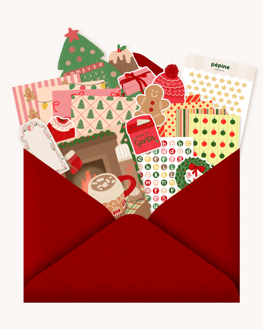 Box de Noël Pépine : enveloppe rouge débordant de stickers, planches et fonds de scrapbooking de Noël