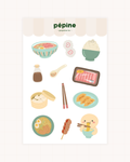 Planche de stickers Asian Food : ramen, gyozas, sushis, baguettes et bol de riz illustrés, format 17 × 11 cm