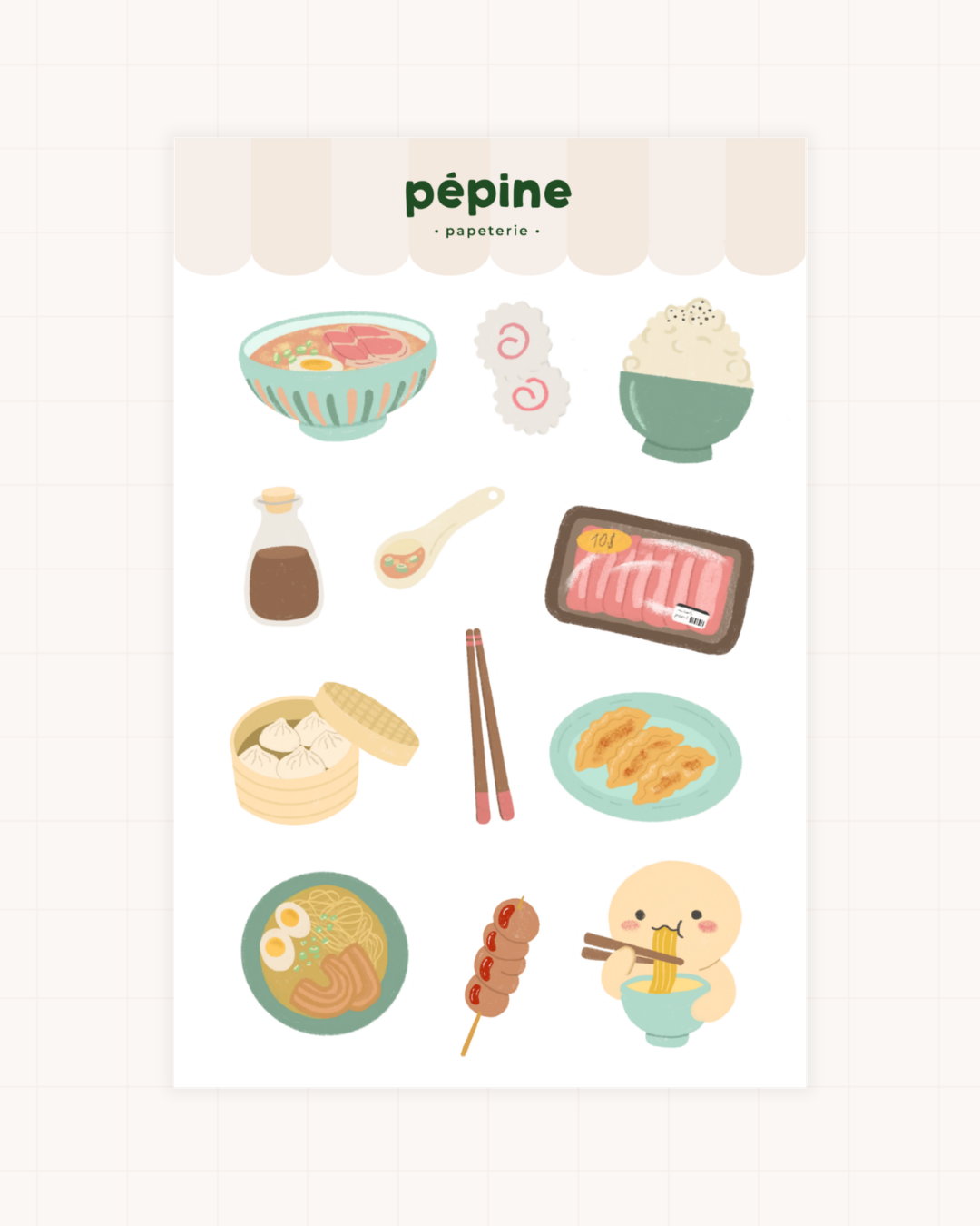 Planche de stickers Asian Food : ramen, gyozas, sushis, baguettes et bol de riz illustrés, format 17 × 11 cm