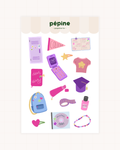Planche de stickers High School Girl : casier, journal intime, sac à dos et petits objets du lycée, format 17 × 11 cm