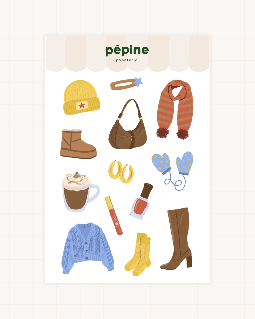 Planche de stickers Winter outfit : bonnet, écharpe, pull, moufles et bottines d'hiver, format 17 × 11 cm