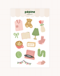 Planche de stickers Dans la chambre : pyjama, ourson, livre, lampe, tourne-disque et bougie, format 17 × 11 cm