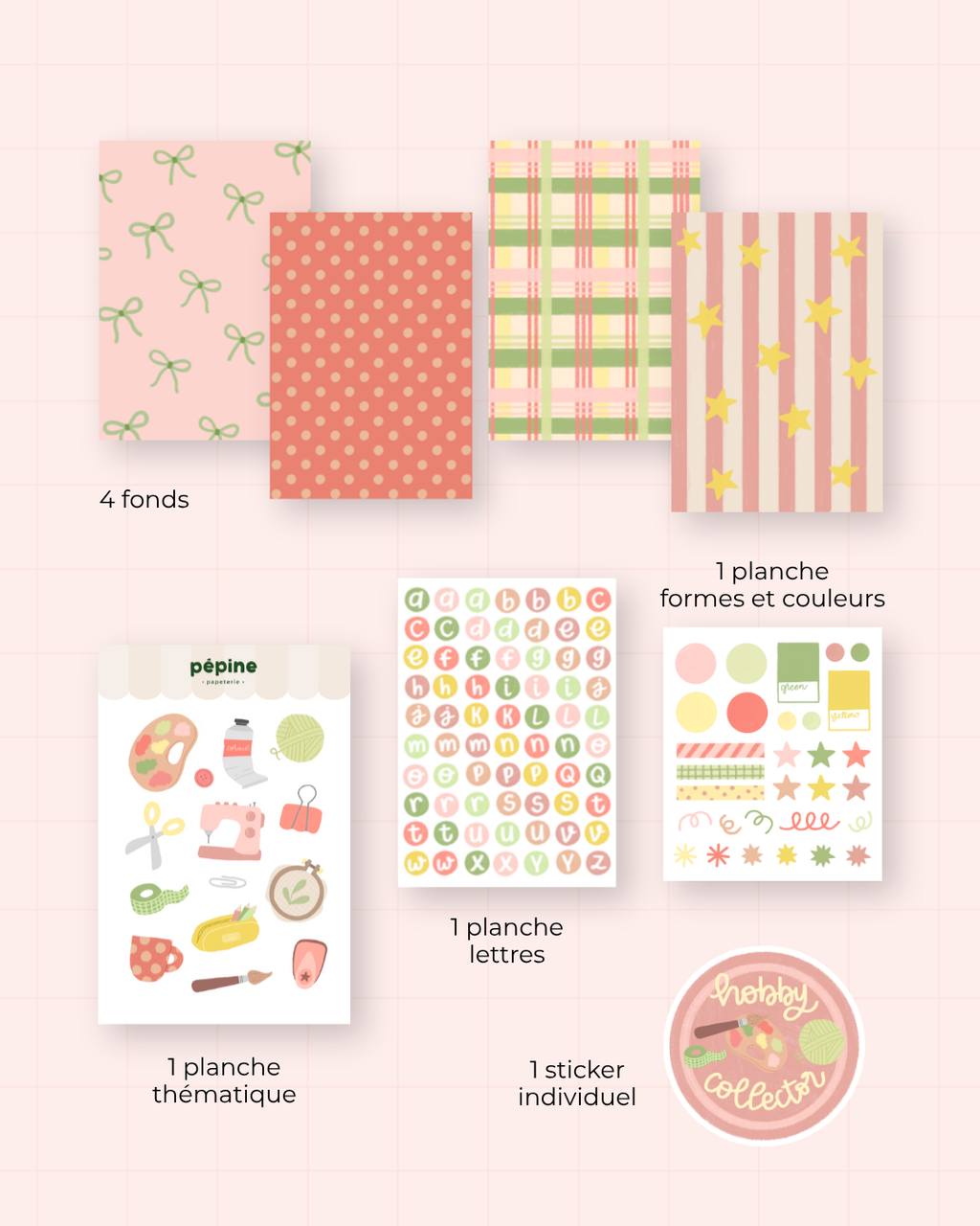 Détail des stickers et des fonds papier du kit Activités créatives