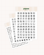 Planches de stickers Lettres & chiffres noir et blanc : les trois déclinaisons en éventail, effet perles de bracelet