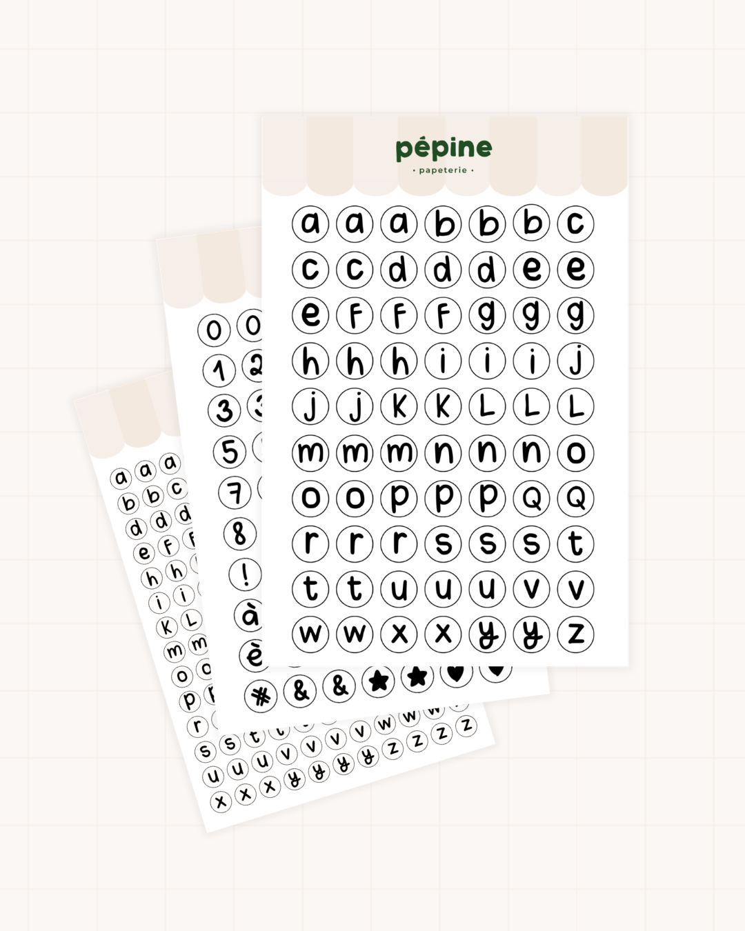 Planches de stickers Lettres & chiffres noir et blanc : les trois déclinaisons en éventail, effet perles de bracelet
