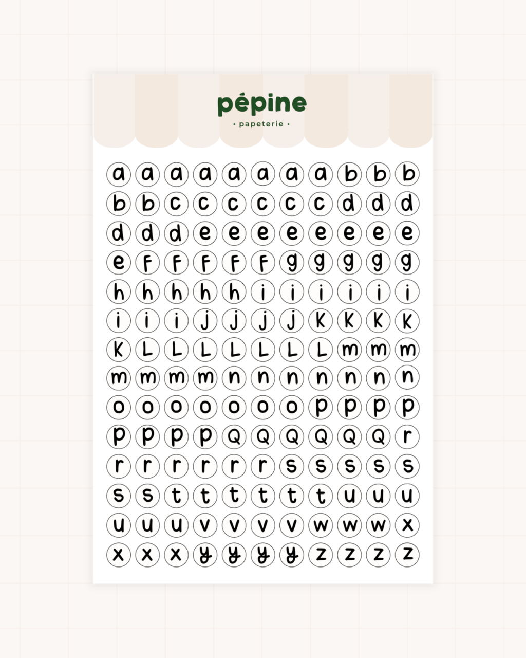 Planche Lettres & chiffres noir et blanc, déclinaison Petites lettres, format 17 × 11 cm