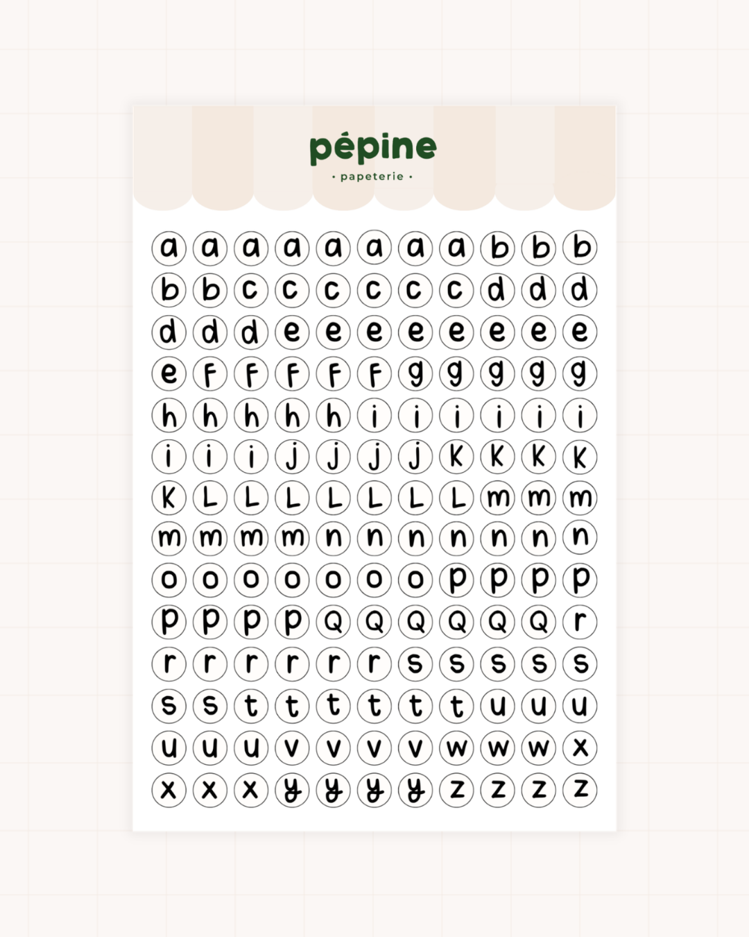 Planche Lettres & chiffres noir et blanc, déclinaison Petites lettres, format 17 × 11 cm