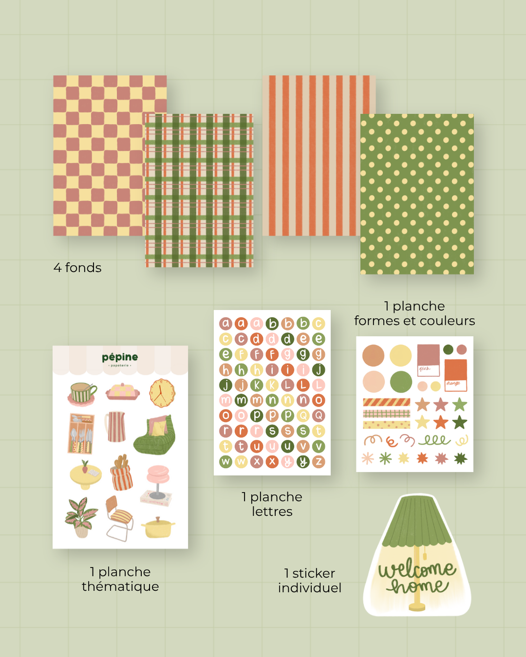 Contenu détaillé du kit Décoration d'intérieur : 4 fonds, 1 planche thématique, 1 planche lettres, 1 planche formes et couleurs, 1 sticker