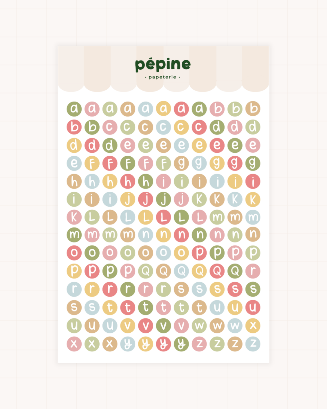 Planche Lettres & chiffres colorés, déclinaison Petites lettres, format 17 × 11 cm
