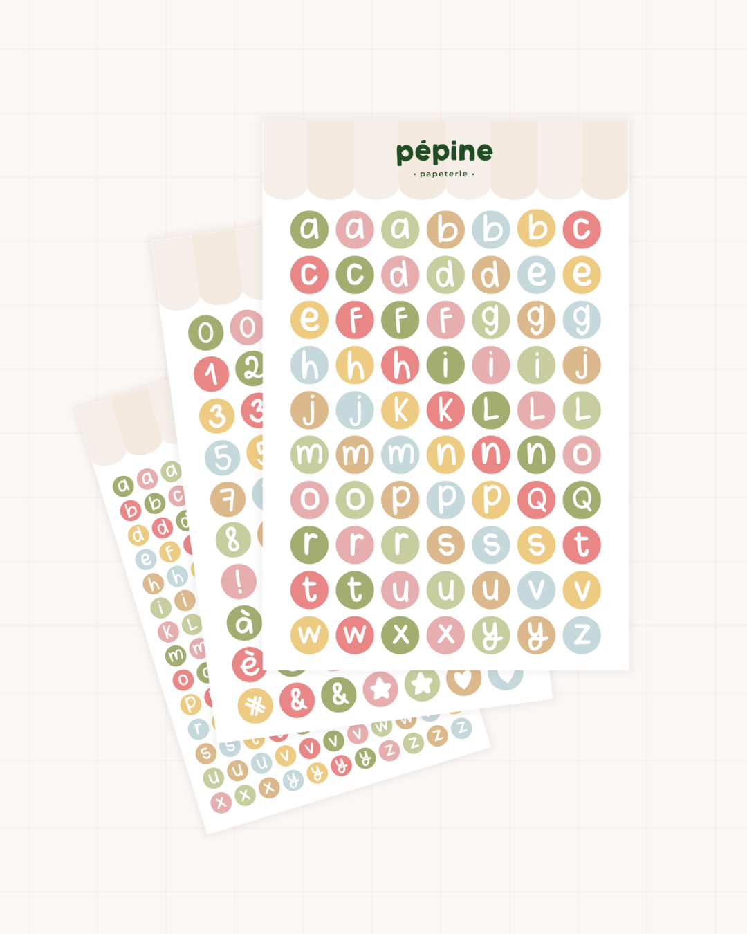 Planches de stickers Lettres & chiffres colorés : les trois déclinaisons en éventail, lettres rondes pastel