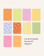 Aperçu des motifs des dix fonds de scrapbooking A5 du pack n° 1