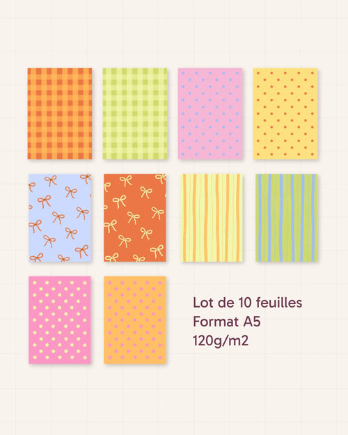 Aperçu des motifs des dix fonds de scrapbooking A5 du pack n° 1