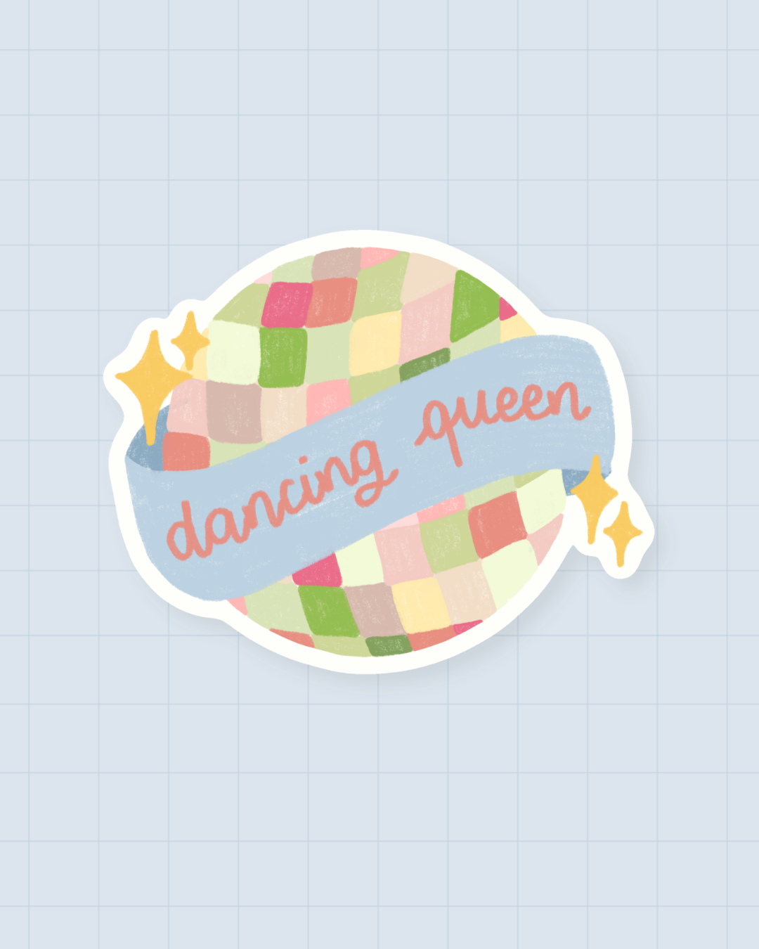 Sticker Dancing Queen : boule à facettes pastel et banderole, finition brillante