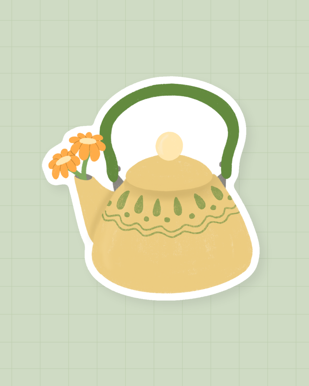 Sticker Théière fleurie : théière vintage jaune ornée de fleurs, finition brillante